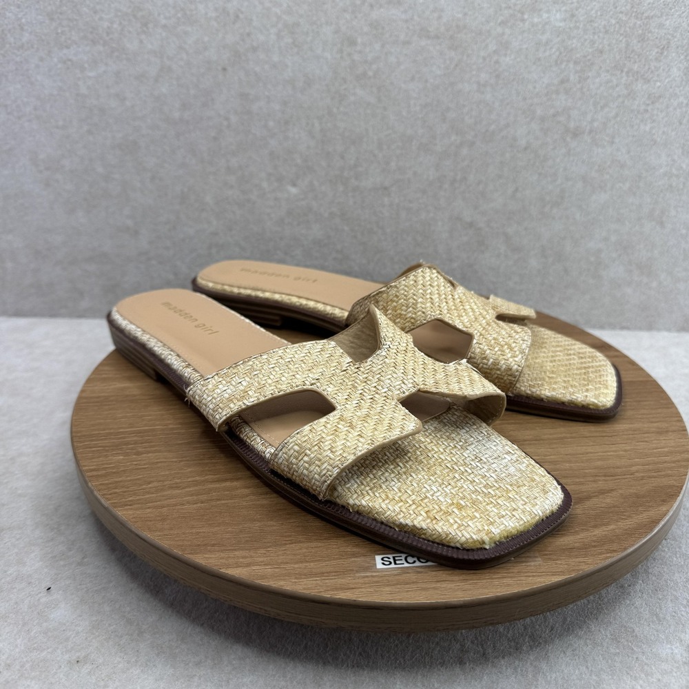 Madden Girl Sandals Shoes Womens Size 10 Beige Woven Slide‎ Slip On Flat Raffia